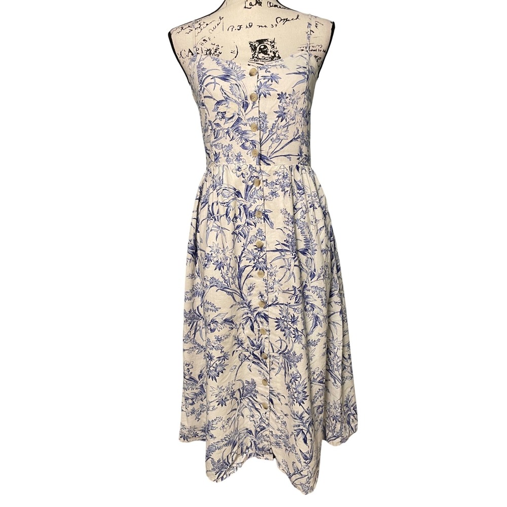H&M Midi Sundress Women S Blue White Linen Blend Excellent Floral Button